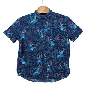 Disney Stitch Mens XL Hawaiian Shirt Blue Tropical Aloha Button Up Short Sleeve
